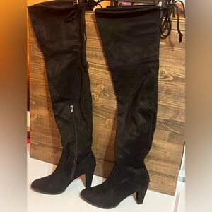 Chelsea Moreland Black Thigh High Heeled Boots